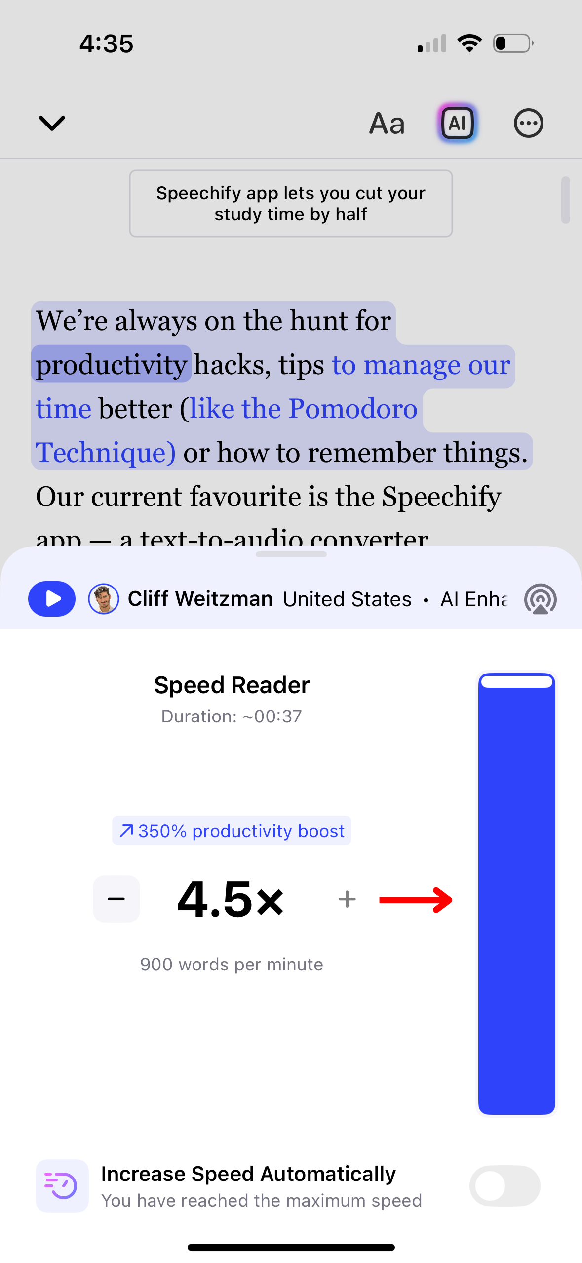 Adjust Reading Speed Slider on the Speechify iOS App